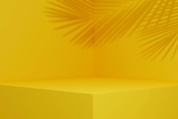 istock Yellow background studio interior room with tropical palm shadow. 1402636382