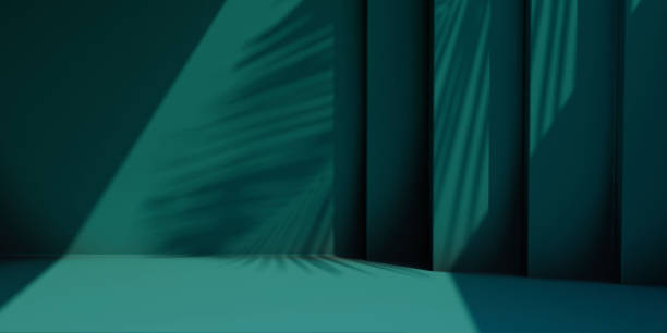 Minimal product placement background with shadow on blue wall. Minimal product placement background with palm shadow on blue plaster wall. Luxury summer architecture interior aesthetic. Boho home room for product platform stage mockup. blue light room stock pictures, royalty-free photos & images