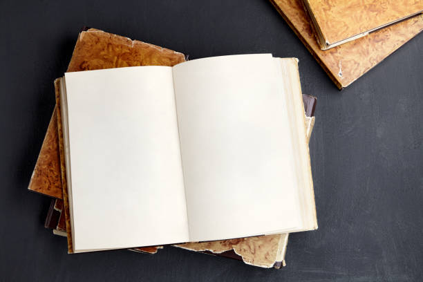 istock Open vintage book or notebook in a dust jacket on a stack of old shabby books 1402638751