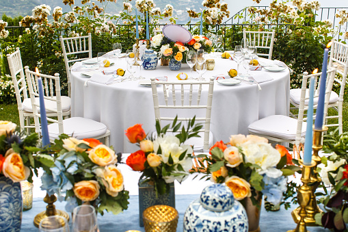 Table set for wedding or another catered event dinner.