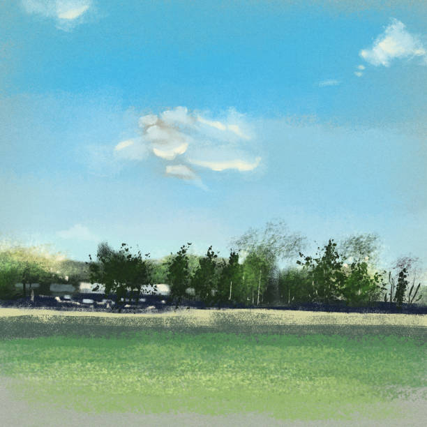 istock Summer landscape with a small village. Pastel drawing. 1402638795