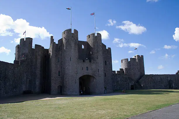 Massive stone defences at the entrance of Pembroke Castle