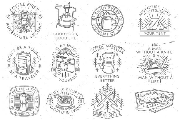 ilustrações, clipart, desenhos animados e ícones de um conjunto de crachás de acampamento, patches. ilustração vetorial conceito para camisa ou logotipo, impressão, carimbo ou camiseta. design de arte de linha vintage com equipamentos de camping, floresta, câmera fotográfica, primus, chaleira, bússol - coffee time