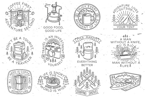 Set of camping badges, patches. Vector illustration Concept for shirt or logo, print, stamp or tee. Vintage line art design with camping equipment, forest, photo camera, primus, kettle, retro compass and mountain