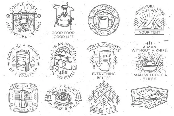 Vector illustration of Set of camping badges, patches. Vector illustration Concept for shirt or logo, print, stamp or tee. Vintage line art design with camping equipment, forest, photo camera, primus, kettle, retro compass and mountain.