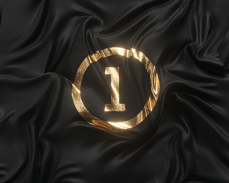 Gold number one on black fabric background, 1 year birthday luxury template, first place banner concept 3d rendering