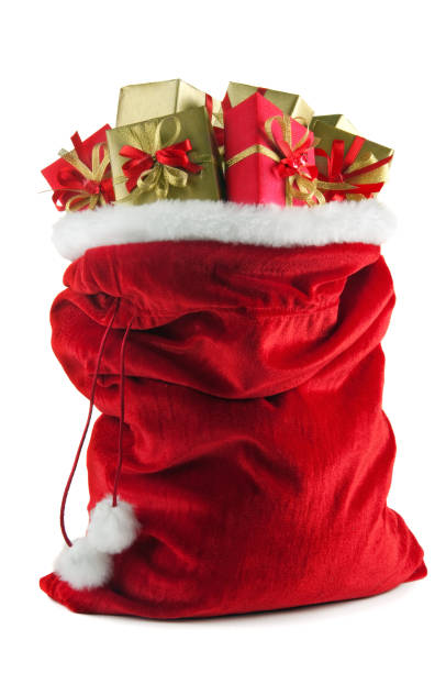 el saco de papá noel lleno de regalos - sack fotografías e imágenes de stock