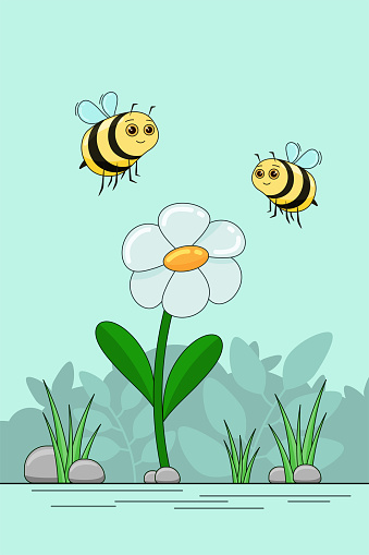Cute bees with big kind eyes fly over the flower. Characters for children's illustration