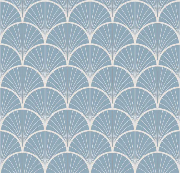 Vector illustration of Art Deco fan pattern. Light blue and cream ornamental background. Interior decor design.