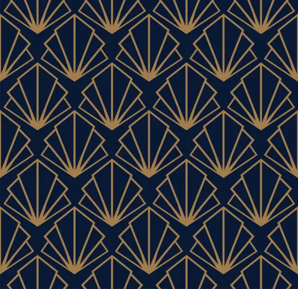 Vector illustration of Art Deco fan pattern. Gold and navy blue ornamental background. Interior decor design.