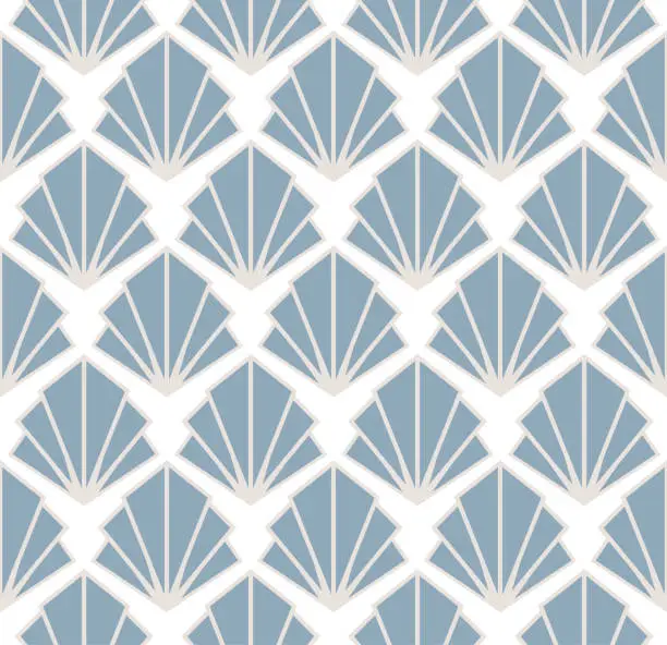 Vector illustration of Art Deco fan pattern. Light blue and cream ornamental background. Interior decor design.