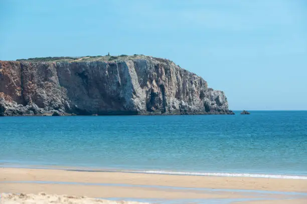 Praia da Mareta in the turistic city of Sagres in the Algarve, Portugal in the summer of 2022.