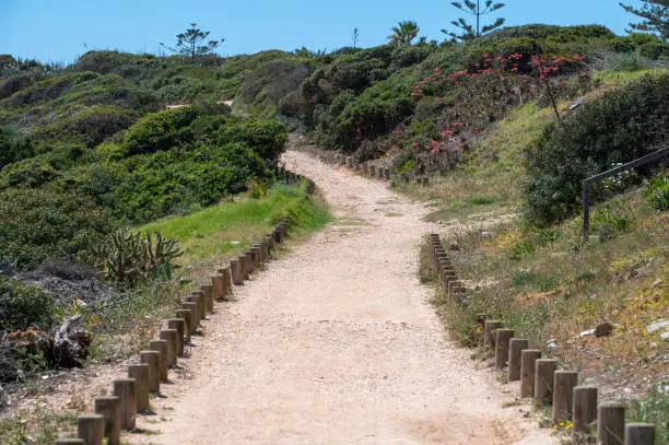 Trail Praia da Mareta in the resort town of Sagres in the Algarve, Portugal in the summer of 2022.