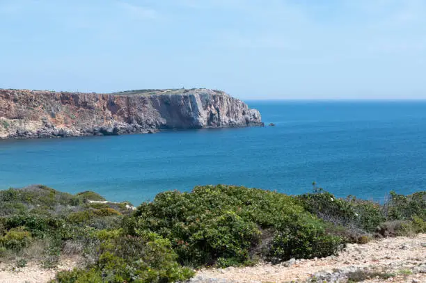 Praia da Mareta in the turistic city of Sagres in the Algarve, Portugal in the summer of 2022.
