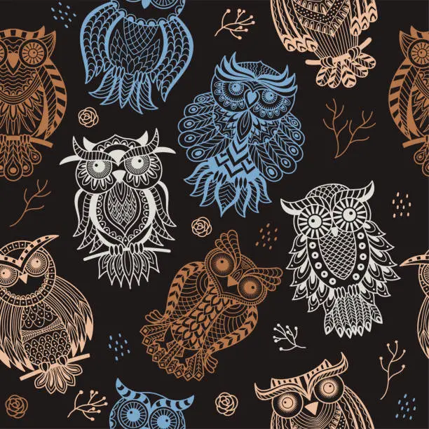 Vector illustration of Owls pattern. Boho tribal textile design project with owls and ornate wings recent vector seamless decorative background