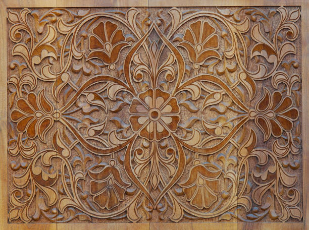 Arabic patterns carved from wood on the door. Oriental architectural design.