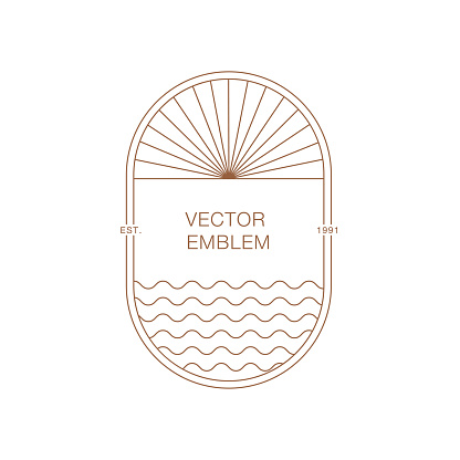 Minimal boho landscape logo in trendy linear style. Sea, waves, sun and sunburst. Vector bohemian icon for handmade products, cosmetics, travel concept illustrations etc. Branding.