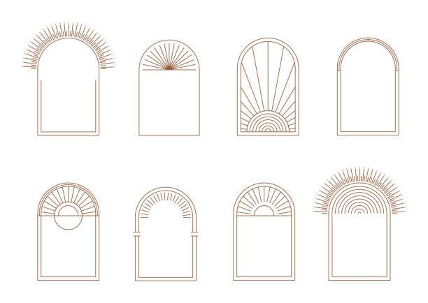 zestaw minimalistycznych ramek łukowych boho w modnym linearnym stylu. - łuk element architektoniczny stock illustrations