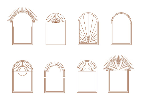 Set of minimal boho arch frames in trendy linear style. Vector bohemian design templates with copy space. Branding.