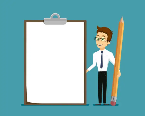 Vector illustration of Businessman stands near a clipboard with paper
