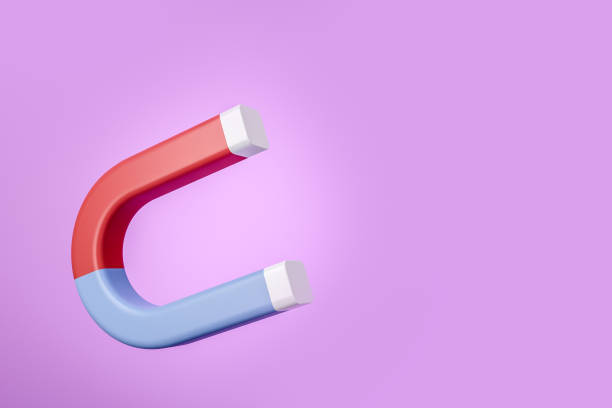 Horseshoe magnet on purple background, red and blue color. Concept of connection. Copy space. 3D rendering