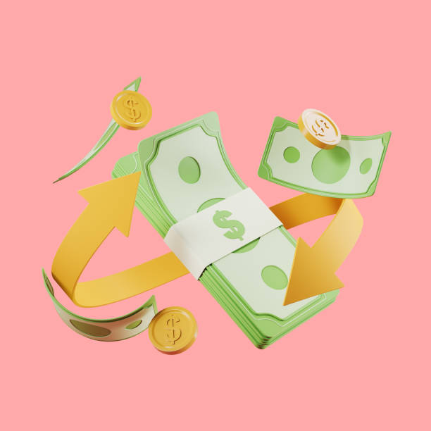istock Green banknotes with arrow and coin floating on bright background, refund 1402646915