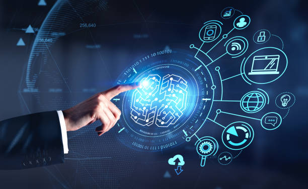 istock Businessman in formal suit is touching digital interface with finger 1402648008