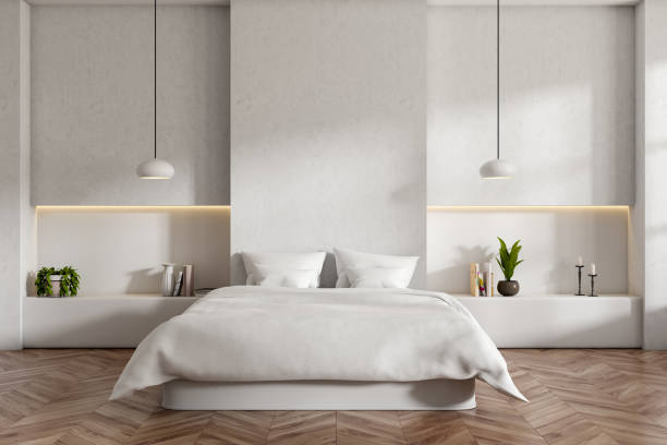 istock Light bedroom interior with bed and decoration on shelf. Mockup 1402648056
