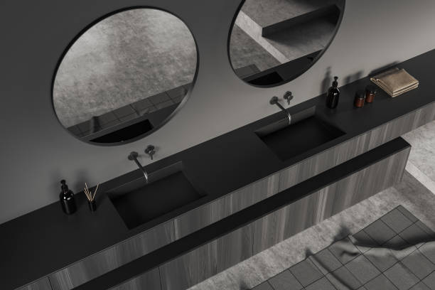 istock Top view of bathroom interior with sink and two mirrors, grey floor 1402648071