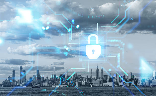 istock Cybersecurity hologram and lock with binary and connection. New York panorama 1402648333