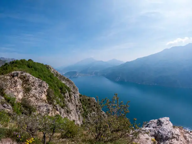 Punta Larici spectacular view of the Lake Garda and the Ledro valley, outdoor tourism destination in the northern Italy, Europe