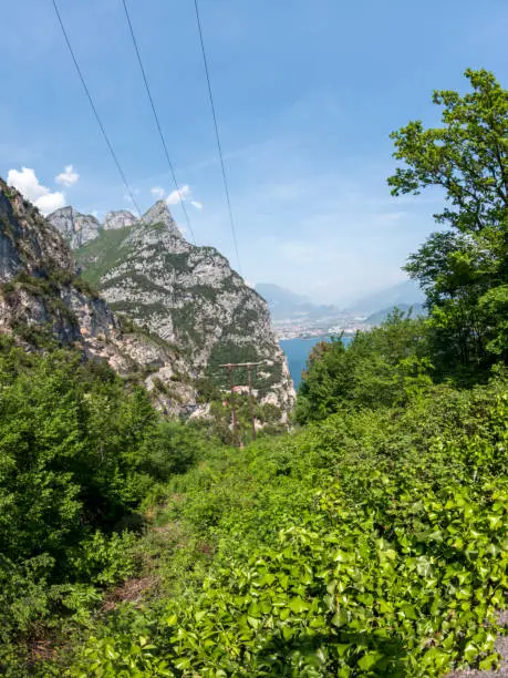 Punta Larici spectacular view of the Lake Garda and the Ledro valley, outdoor tourism destination in the northern Italy, Europe