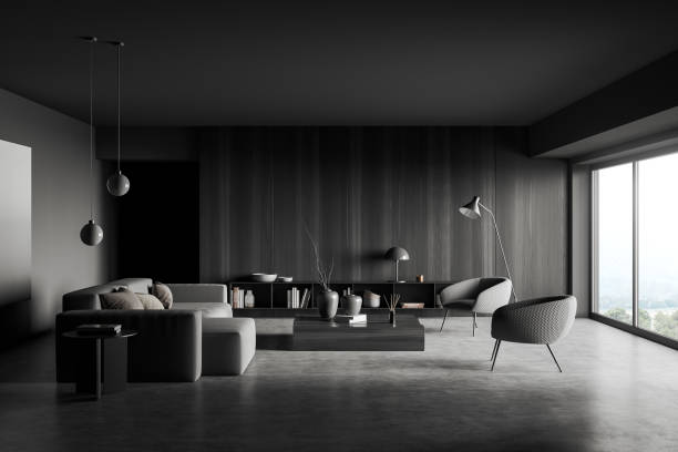 istock Living room interior with chair and couch, shelf and panoramic window 1402648541