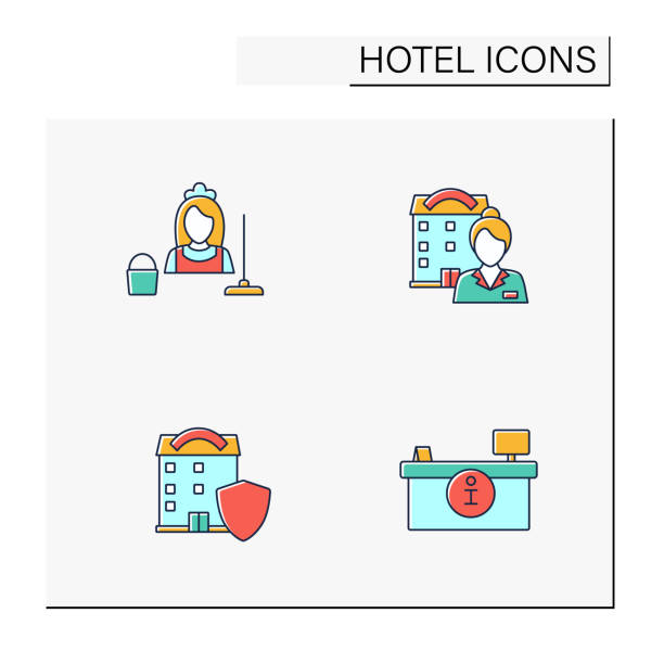illustrazioni stock, clip art, cartoni animati e icone di tendenza di set di icone a colori dell'hotel - tourist resort hotel silhouette night