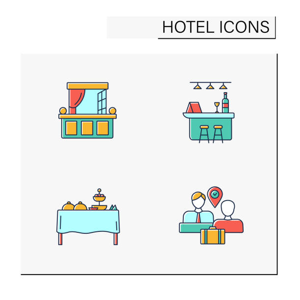 illustrazioni stock, clip art, cartoni animati e icone di tendenza di set di icone a colori dell'hotel - tourist resort hotel silhouette night