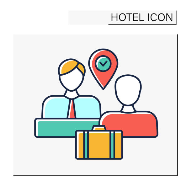 illustrazioni stock, clip art, cartoni animati e icone di tendenza di icona del colore del check-in - tourist resort hotel silhouette night