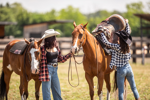 Two female friends helping one another to put the saddle off the horse after a summer ride.