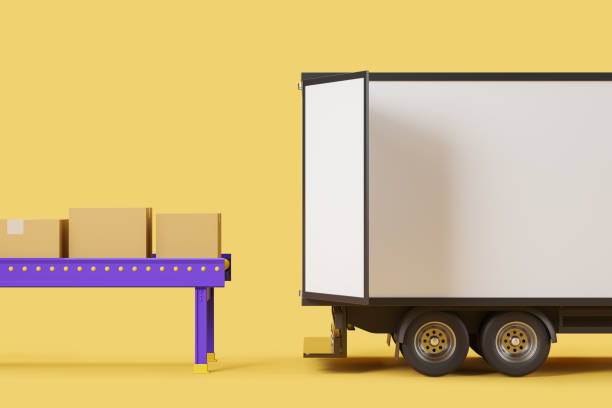 istock Conveyor on yellow background, delivery van with mockup copy space 1402650308