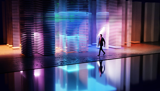 3D rendering illustration.  Business people  walking in modern server room with neon lights. Technology, success, internet, data protection and personal security concept