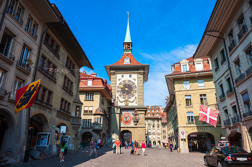 BERN, SWITZERLAND - JULY 13, 2019: Zytglogge is a landmark medieval clock tower in Bern city in Switzerland