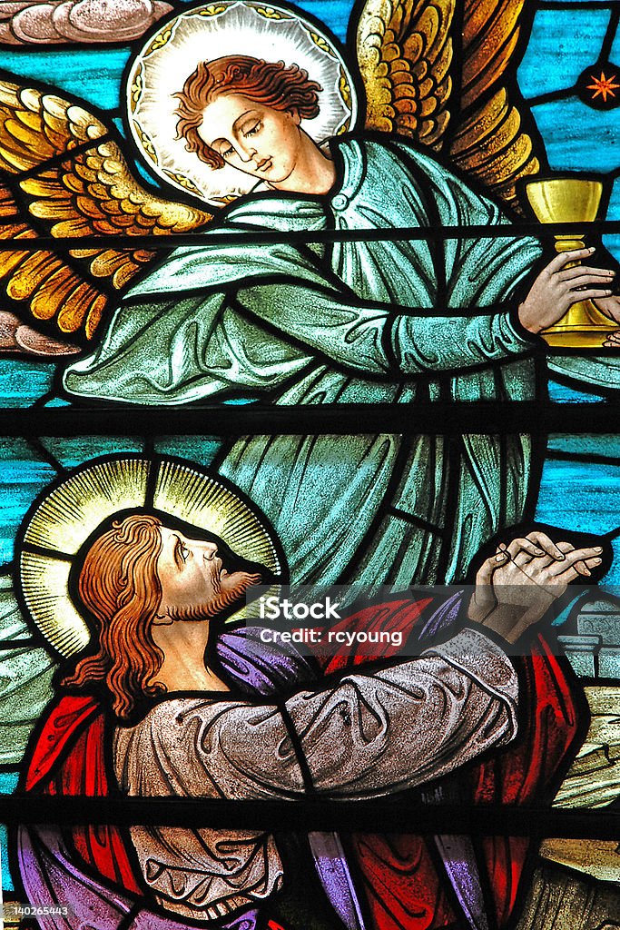Stained glass window of Jesus and Angel Stained glass window, in 19th century ( St. Mary's built 1875 - 1899) church, of Jesus and a heavenly angel. Angel Stock Photo