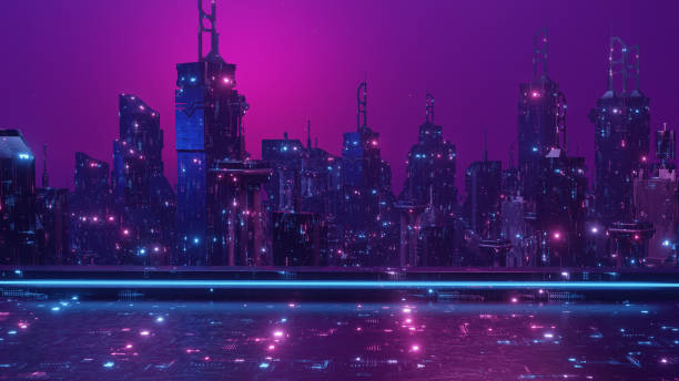 istock Cyber City Illustration At Night Awesome Wallpaper Background 3d Render 1402655187