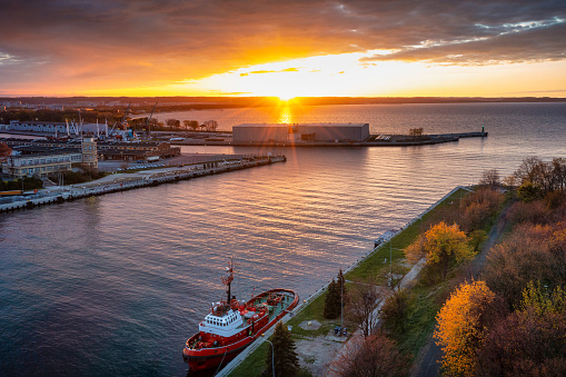 Beautiful sunset over the port canal at the mouth of the Baltic Sea, Poland