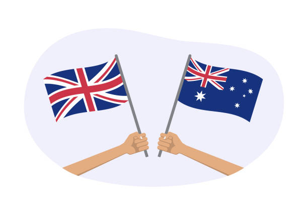 флаги великобритании и австралии. австралийские и британские национальные символы. держа за руку развевающийся флаг. векторная иллюстраци - australian flag stock illustrations