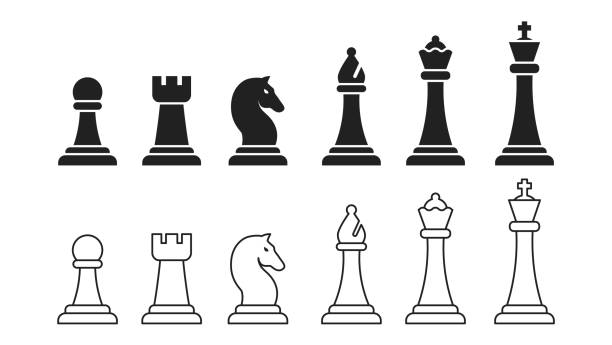 schach-icon-set. schwarz und linear. vektor eps 10 - chess king chess chess piece black stock-grafiken, -clipart, -cartoons und -symbole