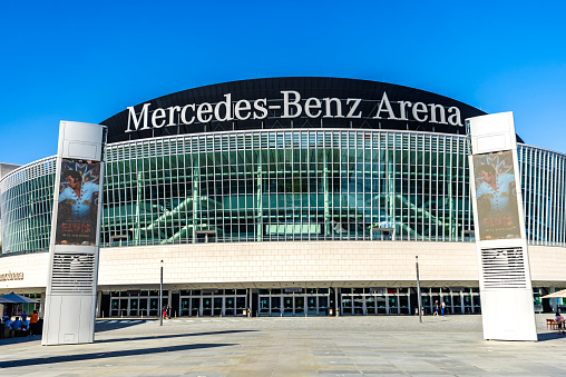 Berlin, Germany - 09 June, 2022:  Exterior of Mercedes Benz Arena in Berlin. Popular place for cultural entertainment, tourist attraction.