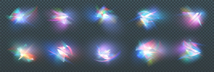 Rainbow crystal light leak flare reflection effect. Vector illustration set. Colorful optical rainbow lights beam lens flare leak overlay streaks on transparent dark background