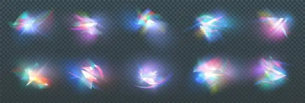 Vector illustration of Rainbow crystal light leak flare reflection effect. Vector illustration set. Colorful optical rainbow lights beam lens flare leak overlay streaks on transparent dark background.