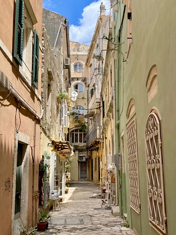 Greece - Coufou - Corfu Town - alleys in the historic center of Corfu, declared a UNESCO World Heritage Site with its Venetian-inspired pastel alleys