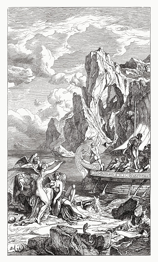 Ulysses escapes the lures of the sirens. Scene from Homer's Odyssey (XII, 165 - 200). Wood engraving according a wall painting (1863/64) by Friedrich Preller (German painter, 1804 - 1878) in the Museum Weimar (destroyed in WW2), publshed in 1881.
